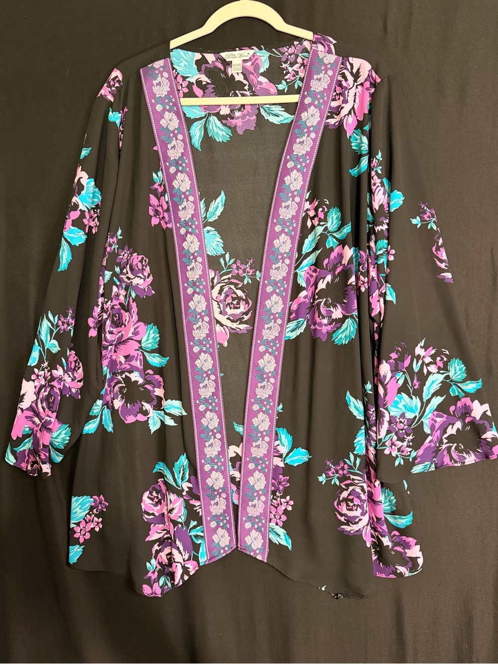The Pioneer Woman Black Kimono Cardigan with Purple & Teal Floral Print xxl/xxxl